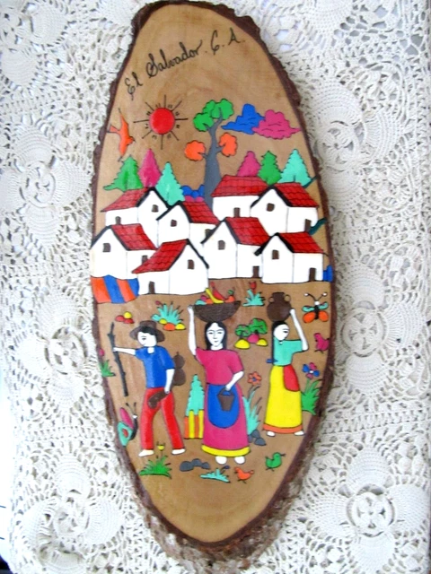 Signed EL Salvador Folk Art Wooden Tree Slice Wall Art Field Workers & Houses