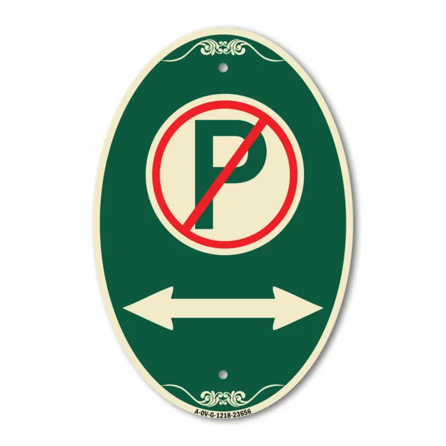 No Parking Symbol with Bidirectional Arrow 12" x 18" Green Aluminum Oval Sign