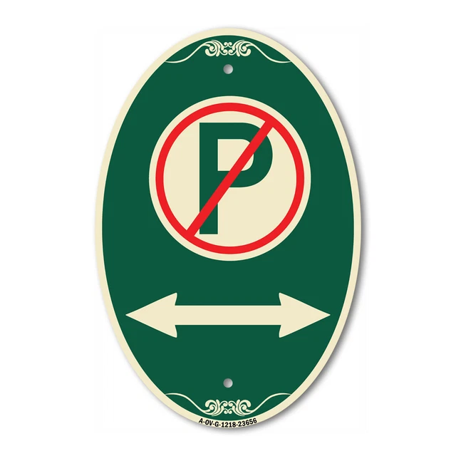 No Parking Symbol with Bidirectional Arrow 12" x 18" Green Aluminum Oval Sign