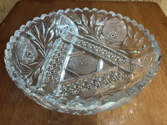 American Brilliant Cut Glass Bowl White Rose by Irving Antique 1900s Victorian