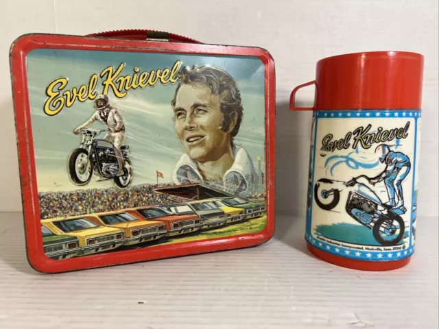 VTG 1974 Evel Knievel Metal Lunch Box Thermos Aladdin Industries Lunchbox Clean