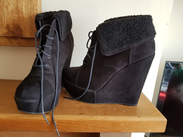 NEW LOOK BLACK wedge platform boots with fur trim 6 6.00 PicClick UK