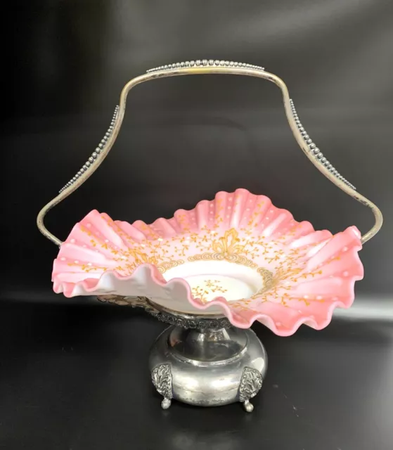 Antique Victorian Bride’s Basket Pink Ruffled Glass Bowl In Silver Tone Frame