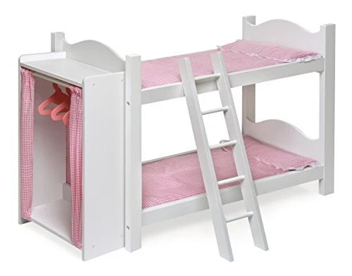 Toy Doll Bunk Bed with Clothing Armoire and Hangers for 22 inch Dolls -