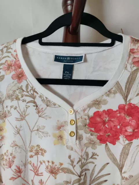 Karen Scott Women's size PXL top floral print SS scoop neck with buttons EUC 2