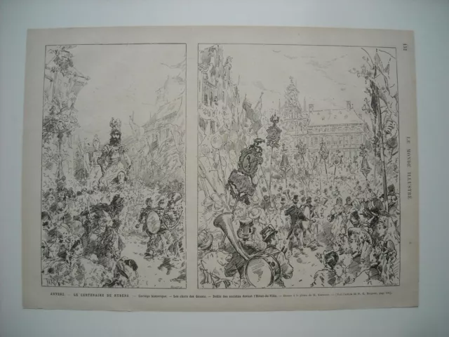 Gravure 1877. Anvers. Centenaire De Rubens. Cortege Historique. Chars Des Geants