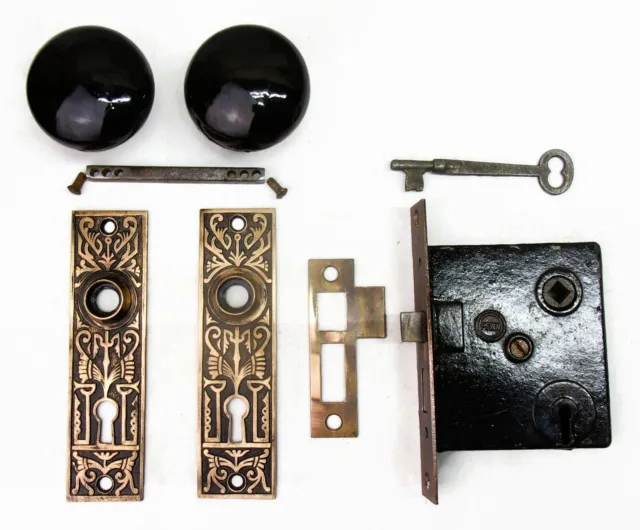 Antique Set EASTLAKE Backplates Black Porcelain Door Knobs Mortise Lock w/ Key