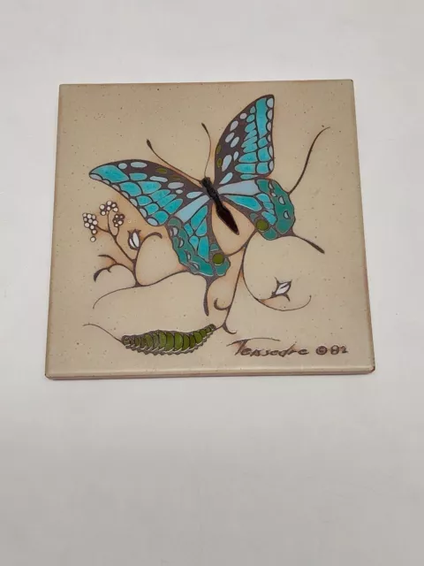 Vintage Cleo Teissedre Hand Painted Butterfly Ceramic Tile Coaster Trivet