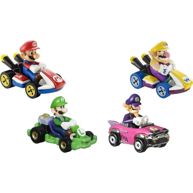 HOT WHEELS MARIO Kart 4 Pack Vehicle Set w/ Wario, Mario, Waluigi