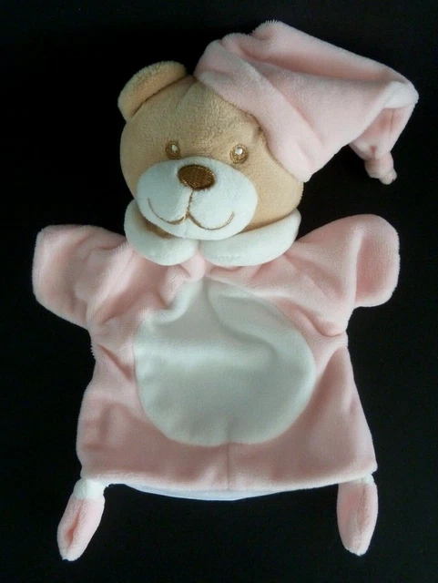 93. Doudou Marionnette Mes Petits Cailloux  Ours Rose Rond Blanc Bonnet - Neuf*
