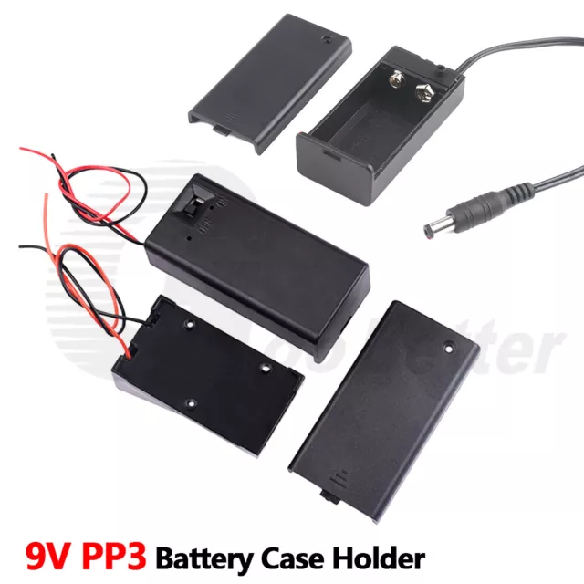 9V PP3 Battery Case Box Holder Connector Open or Enclosed Switch Wires DC Plug