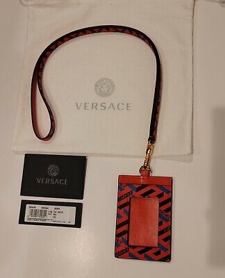 Versace La Greca ID Card Holder Wallet in Red w/ Black & Blue - Gold Hardware