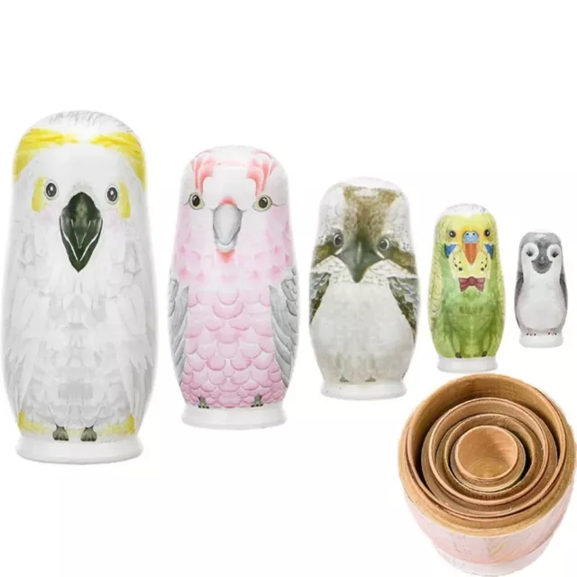 5PCS Russian Nesting Dolls Set Wooden Matryoshka Animal Owl Hand Painted Toys
