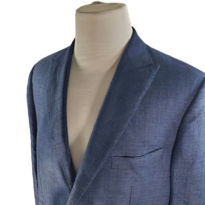 J Hilburn Bespoke Blazer Jacket Two Button Blue Linen Wool 40 Short Recent