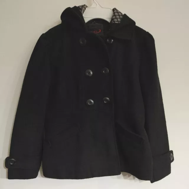 Black Pea Coat Fleece Double Breasted Girls Large Size 12/14 Hooded Yoki