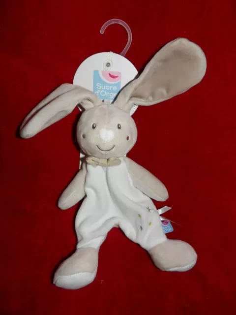 Doudou Plat Sucre d'Orge Lapin Beige Crème Noeud et Etoile Or Neuf Sur Support
