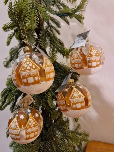 Gisela Graham Glass Gingerbread House Baubles - Set of 4 - Christmas Tree