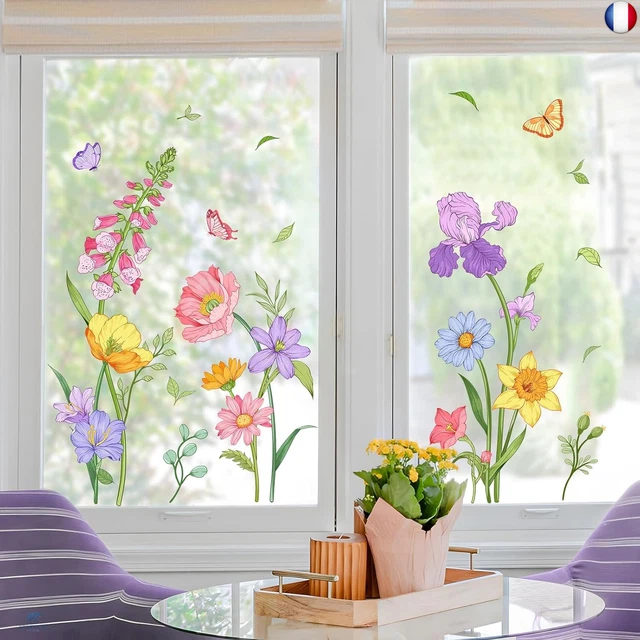 Autocollants Fenêtre Printemps Fleurs Et Papillons - Réutilisables Électrostatiques - 29x60cm - Déco Vitrée