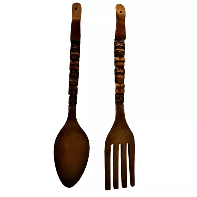 Vintage 28" Giant Carved Wooden Fork Spoon Tiki Totem Wall Decor