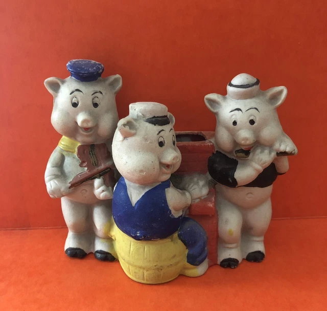 1930S DISNEY THREE Little Pigs Playing Piano Bisque Japan Toothbrush