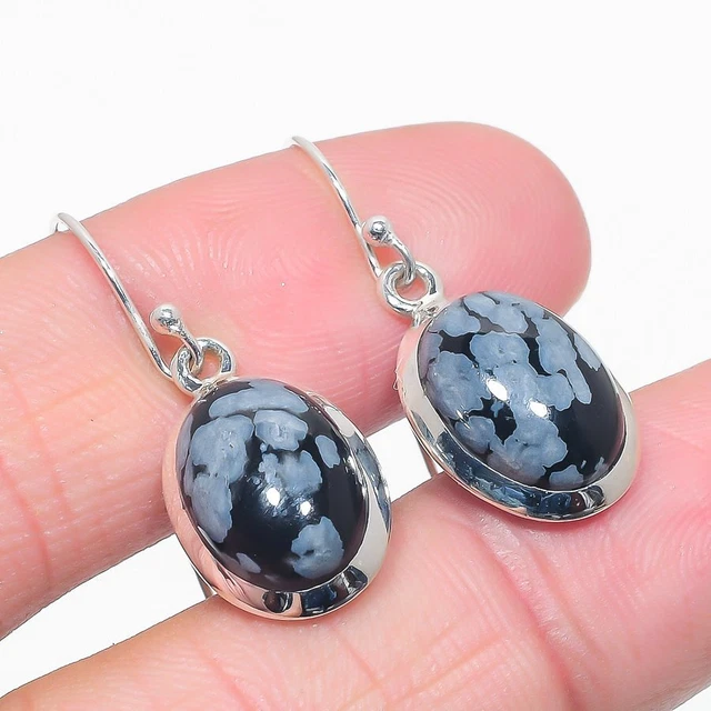 Snow Flake Obsidian Gemstone 925 Solid Sterling Silver Jewelry Earring 1.25''