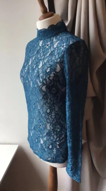 Oasis Teal Lace Top, High Neck, Size: M, VGC 2