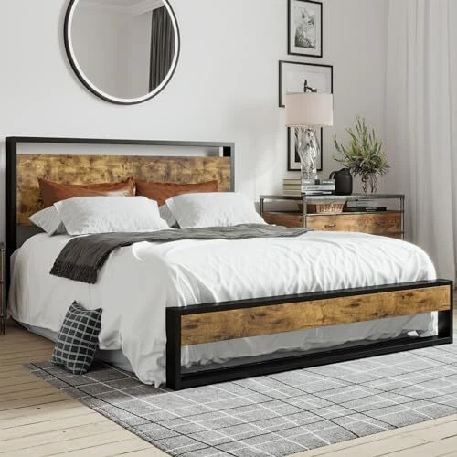 BED FRAME WITH Wood Headboard and Footboard, Heavy Duty Metal Full