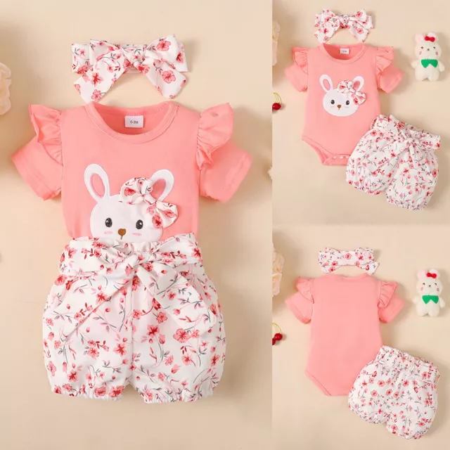 Newborn Baby Girls Ruffle Rabbit Romper Tops Floral Shorts Outfits Clothes Set