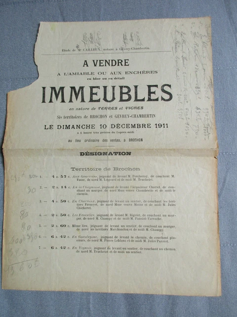 ancienne affiche.Brochon. Gevrey-Chambertin.vente aux enchères Terres et Vignes