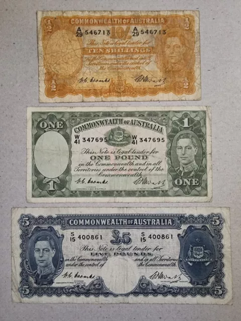 1949 Australian KGVI Coombs/Watt set - 10 shillings & 1, 5 Pounds (3 banknotes)
