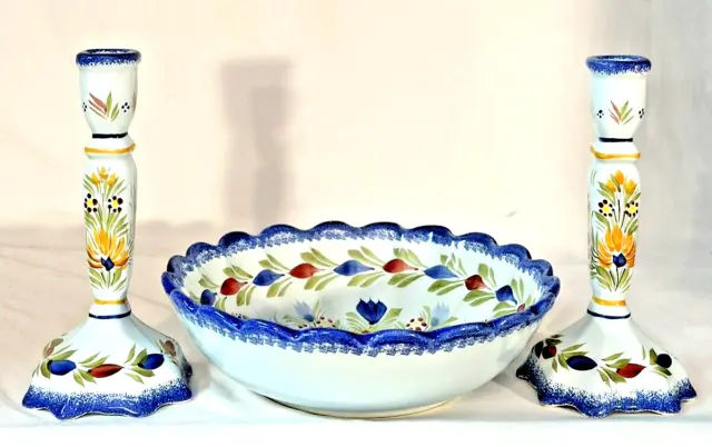 Quimper Fleuri Royal Bowl With Pair Of Matching Candlesticks....signed & Mint!