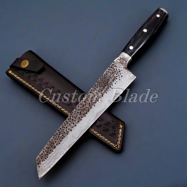 Custom Made Hand Forged San Mai Damascus Steel Solid Santoku knife W/hammer mark