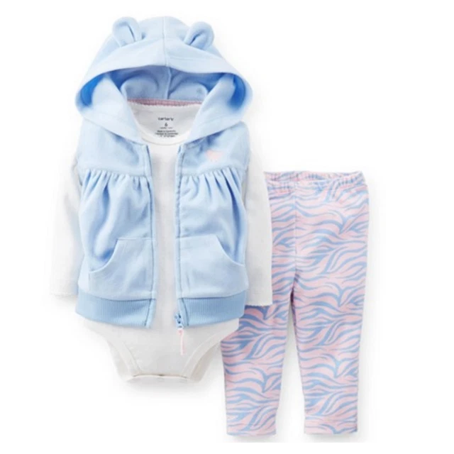 Carters Infant Girls 3 Piece Blue Hoodie Zebra Print Leggings Creeper Shirt