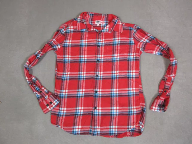 Uniqlo Shirt Mens Medium Red Blue Button Up Long Sleeve Collar Flannel Plaid Top