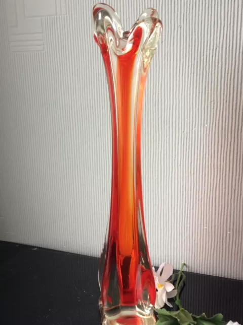Lovely Vintage Italian Murano Vase Glass Red/ Clear 4 Lobed Décor Tall Vase 29cm