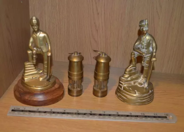 Vintage Miniature Brass Miners Lamps and Coal Miner Figurines