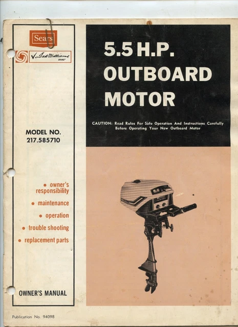 Old Vintage Sears 5.5 H.P Outboard Motor Ted Williams Brand Owner's Manual