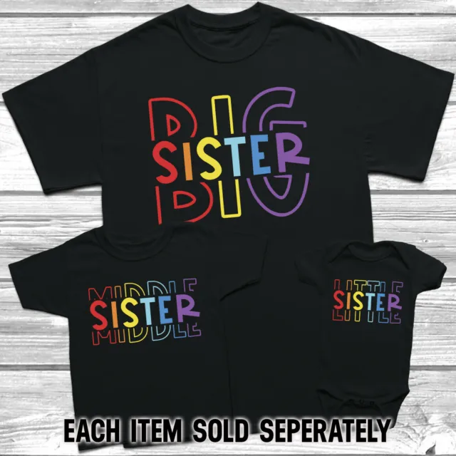 Rainbow Big Middle Little Sister T-Shirt Kids Baby Grow Outfits Sibling Set Tee