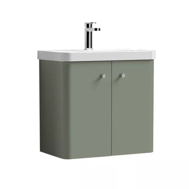 Nuie Core 600mm Wall Hung 2-Door Basin Vanity Unit Satin Green Bathroom Sink