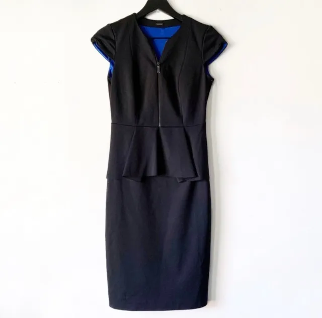 Elie Tahari Sz 10 Black Peplum Sheath Ponte Knit Cap Sleeve V Neck Zip Dress