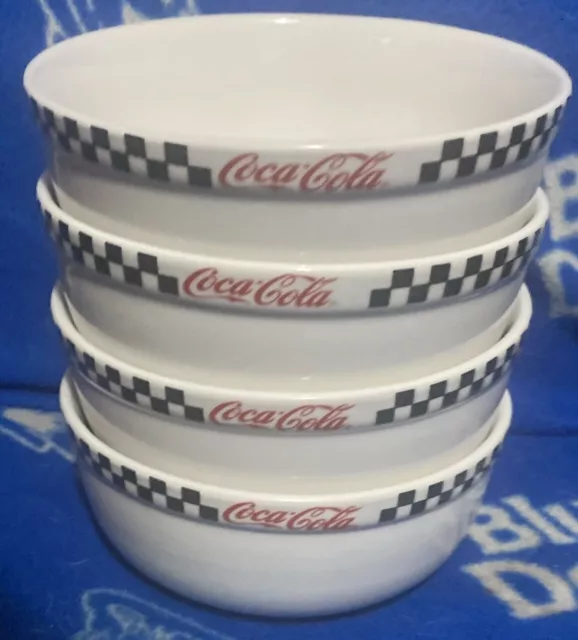 Four (4) Gibson Coca-Cola Checker Red Black White Cereal Soup Salad Bowls 6.25”