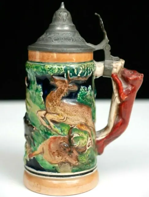 Vintage Stein Beer Tankard Fox Handle Stag Hunting Scene Western Germany Small