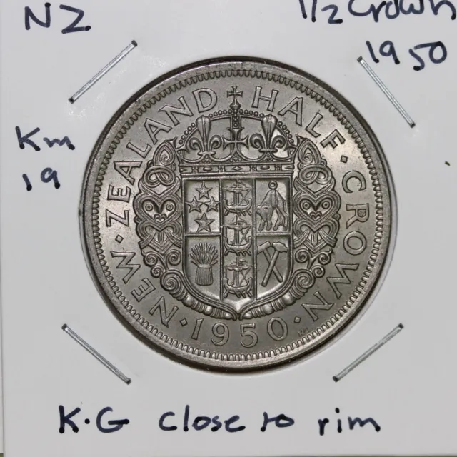 New Zealand 1/2 Crown 1950 Km.19 K.G close to Rim Scarce (3291461/N28)
