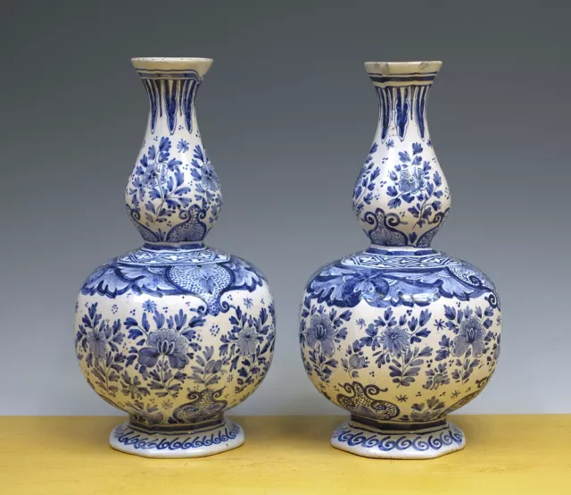 Antique Fine Pair of Dutch Delft Knobble Vases Floral & Flowers 19TH C. MARKED