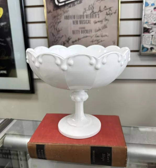 Vintage Indiana Glass White Milk Glass Fruit/Candy Pedestal Bowl-Scalloped Edge