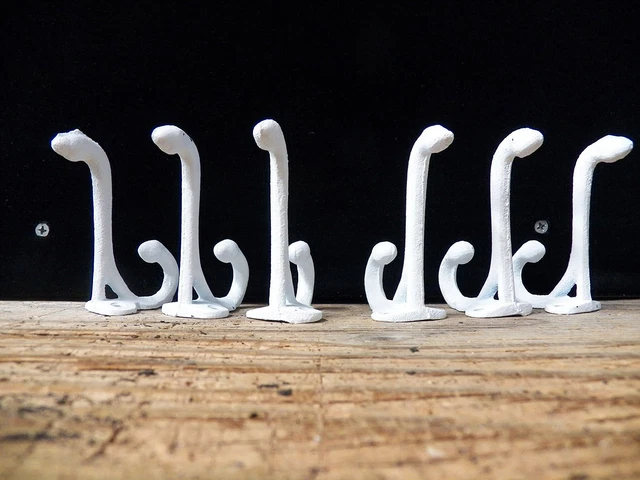 Lot 6 Antique-Style Dbl Rustic WHITE School COAT HOOK Cast Iron Hardware