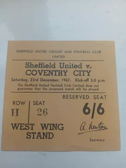 Sheffield United V Coventry City 1967 Match Ticket