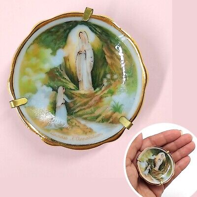 LIMOGES France Mini Plate Lourdes Apparition Virgin Mary Porcelain Gold Edge 2"