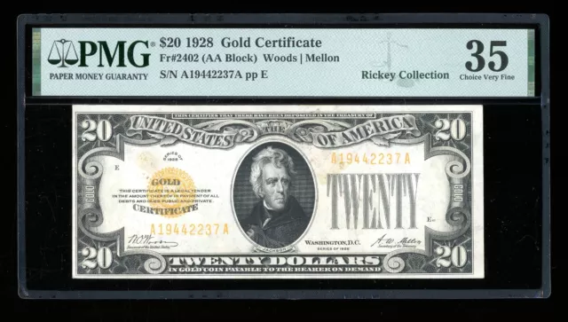 DBR 1928 $20 Gold Certificate Fr. 2402 PMG 35 Serial A19442237A