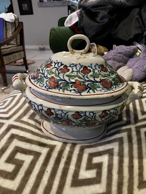 Early POLYCHROME 18th C Antique Dutch Delft Tureen RARE Cracked Floral